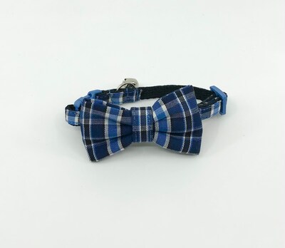 Cat Collar With Optional Bow Tie Small Navy Plaid Breakaway Collar Adjustable Sizes S Kitten, M, L - image1